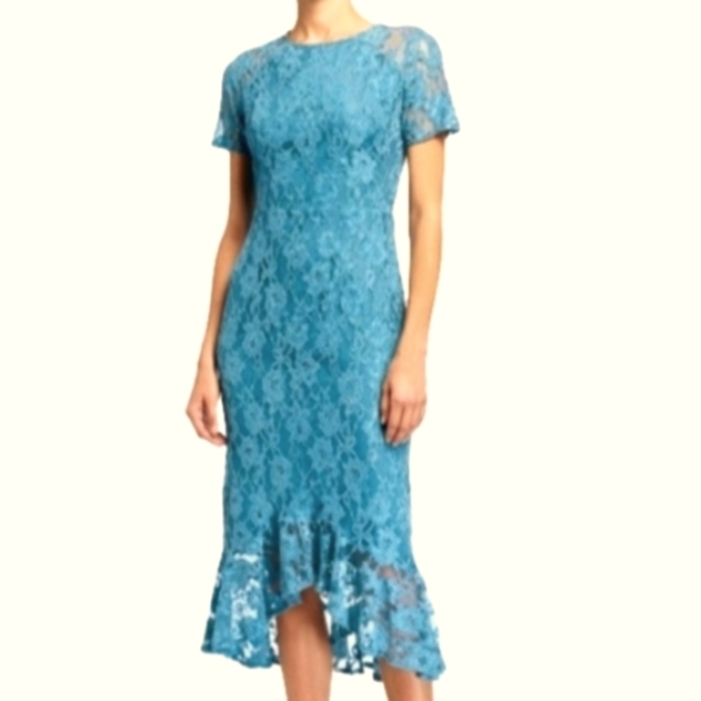 Sslv Round Neck Floral Lace Embroidery Midi SheathDress DragonflyTeal